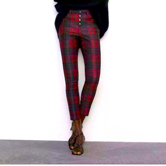 Zara Pants - ZARA Red & Black Tartan Button Fly Mid-Rise Skinny Jeans – Size 6 – NWOT
